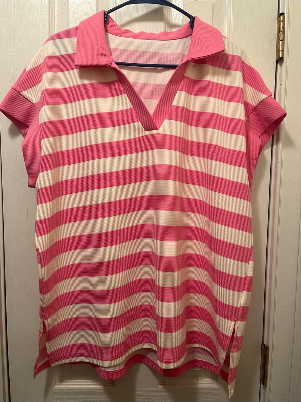 Women’s Pink & White Striped Polo-Style Top - Picture 3 of 4